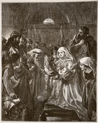 Edward przedstawiający swojego małego syna Walijczykom, ilustracja z „Ilustrowanej historii Anglii Cassella” (rycina) (zdjęcie w sepii)
