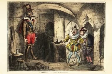 Guy Fawkes, przywódca spisku prochowego, schwytany 5 listopada 1604 roku w piwnicy Pałacu Westminsterskiego