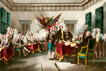 Podpisanie Deklaracji Niepodległości Stanów Zjednoczonych w 1776 roku, rycina według obrazu Johna Trumbulla (1756-1843), 1783, kolekcja prywatna