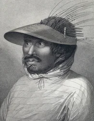 Portret mężczyzny z Oonalashka (lub Unalaska, Alaska, Stany Zjednoczone). Rycina z końca XVIII wieku, autorstwa Williama Sharpa (), według Johna Webbera (1751-1793).