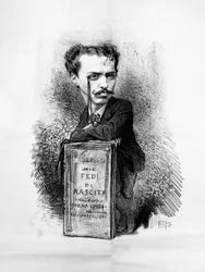 Karykaturalny portret Felice Carla Emanuela Cavallottiego (1842-1898), włoskiego poety, dramaturga, lewicowego i antymonarchistycznego dziennikarza, patrioty i przywódcy politycznego