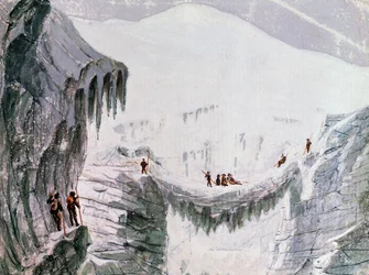 Wspinaczka na Mont Blanc, wspinacze zawieszeni w szczelinie, akwarela, Francja