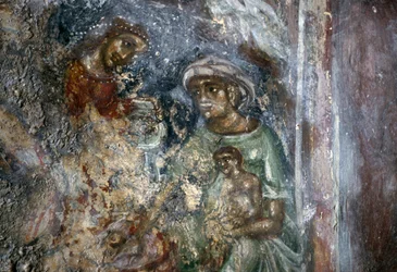 Fresk Świętej Rodziny, bizantyjski kościół Ayios Stephanos, Drakona, Kreta, Grecja (zdjęcie)