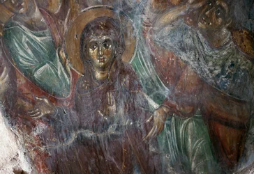 Fresk świętego w bizantyjskim kościele Ayios Stephanos, Drakona, Kreta, Grecja (zdjęcie)