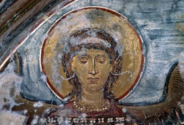 Fresk z aniołem w bizantyjskim kościele Agios Georgios, Vathi, Kreta, Grecja (zdjęcie)