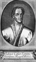 Portret Lucilia Vaniniego, znanego jako Giulio Cesare Vanini (1585-1619), włoskiego filozofa, lekarza i wolnomyśliciela, jednego z pierwszych znaczących przedstawicieli libertynizmu intelektualnego, rycina