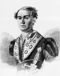Portret Wasilija Andriejewicza Karatygina (1802-1853), rosyjskiego aktora, rycina z Ruskiej Talii, antologii autorstwa Faddeja Wieniediktowicza Bułharyna, wydanej w 1825 r.