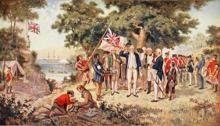 Kapitan Cook obejmuje w posiadanie Nową Południową Walię, 1770, ilustracja z „Historii narodu brytyjskiego Hutchinsona“, około 1923