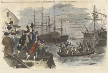 Boston Tea Party? Zniszczenie herbaty w Boston Harbor, 16 grudnia 1773, z pubu Ballous Pictorial Drawing-Room Companion. 1865 (kolor grawerowany)