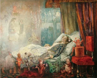""Le reve apres le bal masque"" (Sen po balu maskowym) Peinture de John Anster Fitzgerald (1832-1906), - Olej na płótnie, 35,5x44,5 - Kolekcja prywatna