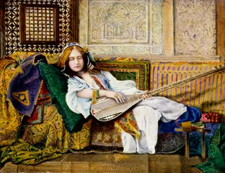 "W haremie" Orientalna kobieta leżąca na sofie, trzymająca cistrum (lutnię). Obraz autorstwa Johna Atkinsona Grimshawa (1836-1893)