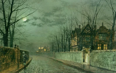 Stary angielski dom, światło księżyca po deszczu, 1883