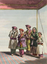 Dziewczyna tańcząca kuharwę, z „Obozu Mahratta”, 1813 (kolor grawerowany)