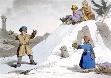 Dzieci schodzące z lodowego wzgórza, płyta 38 z tomu II „Maniery, obyczaje i zabawy Rosjan”, akwaforta artysty, wyd. 1804 (akwatinta)