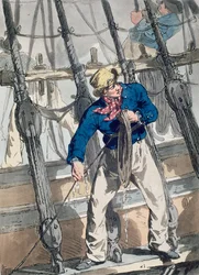 Heaving the Lead z "Costume of Great Britain", rycina artysty, wyd. William Miller i James Walker, 1807 (akwaforta barwna)