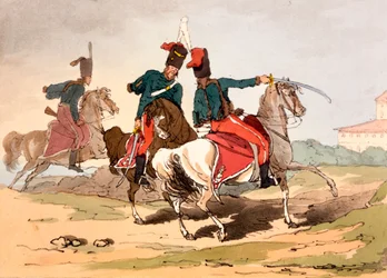 Husaria w mundurach w stylu węgierskim, ilustracja z „Maniery, obyczaje i rozrywki Rosjan” Jamesa Walkera, publikacja 1803-4 (akwaforta)