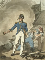 Post Captain z Costume of Great Britain, grawerowane przez artystę, wyd. autorstwa Williama Millara i Jamesa Walkera, 1807 (kolorowa akwaforta)