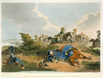 Książę Blucher pod koniem w bitwie pod Waterloo, grawerowany przez Matthew Dubourga (fl.1813-20) z „Anegdoty historyczne, wojskowe i morskie”, wyd. Edward Orme (1774-c.1820) 1815 (akwatinta)