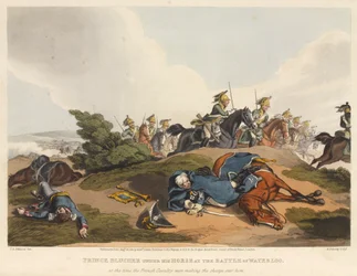 Książę Blucher pod swoim koniem w bitwie pod Waterloo, w czasie gdy kawaleria francuska szarżowała na niego, rycina M. Dubourga, 1819 (akwatinta barwna)