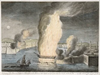 The Burning of American Fregat [sic] Filadelfia w porcie w Trypolisie, 1805 (ręcznie kolorowana linia grawerowana na papierze wykładanym)
