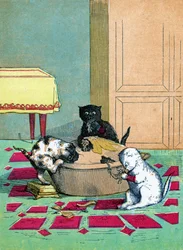 Trzy małe kocięta w rękawiczkach i jedzące ciasto, ilustracja z filmu „Trzy małe kocięta” 1859