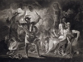 Makbet, trzy czarownice i Hekate w akcie IV, scena I „Makbeta” Williama Szekspira (1564-1616) opublikowana w 1805 r.