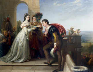 "Rosalinde et Orlando" Personnages de la piece de theatre "Comme il vous plaira" de William Shakespeare. (Rosalinda i Orlando, z "Jak wam się podoba" Szekspira) Peinture de John Bridges (1818-1854) Collection privee