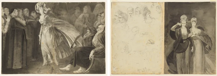 Kobieta stojąca wśród braci (recto) Szkice głów (odwrócona, po lewej); Dwie kobiety (verso, po prawej)