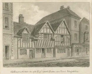 Burton-upon-Trent - Stare domy przy High Street: rysunek w sepii, 1839