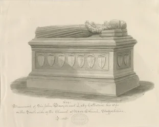 Kościół Maer - Pomnik Sir Johna Bowyera i Lady Katarzyny: rysunek w sepii, 1843