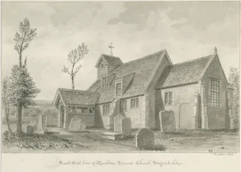 Rushton Spencer Church: rysunek rozmyty w sepii, 1844