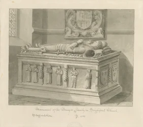 Kościół Seighford - Grób Williama i Miłosierdzia Bowyera: rysunek w odcieniu sepii, 1842