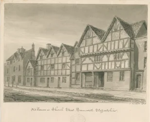 Tamworth - Old Houses in Church Street: rysunek rozmyty w sepii, 1838 r.