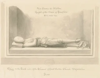 Weston-under-Lizard Church - Wizerunek Sir Hamo de Westona: rysunek rozmyty w sepii, 1842