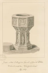 Wolverhampton - Czcionka w kościele św. Piotra: rysunek w sepii, 1837
