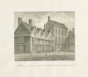 Wolverhampton - Stare domy po południowej stronie Rynku: rysunek w sepii, 1847