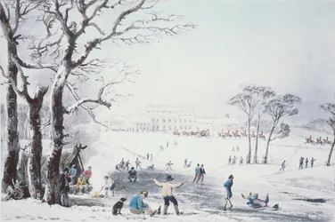 Widok na Buckingham House i St James Park zimą, wyd. przez R. Havell und Sons, 1810