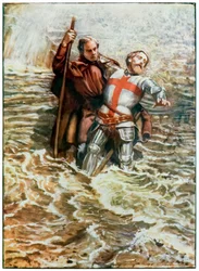 Nadzieja pomaga Christianowi przejść przez rzekę z „Postępu pielgrzymów z tego świata, do tego, który ma nadejść” John Bunyan (1628-1688) Ilustracja Byam Shaw (1872-1919), pielgrzymi przekraczają