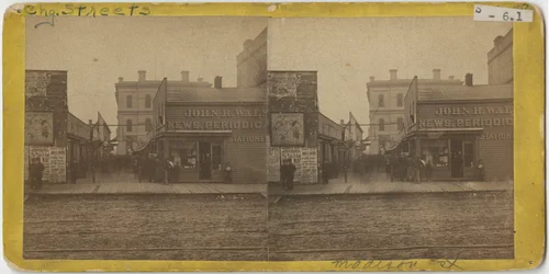 Widok sklepu John R. Walsh Periodicals na Madison Street w Chicago z Urzędem Pocztowym w tle, 1869