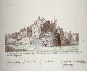 Bastion pod kątem muru londyńskiego, St Giles bez cmentarza Cripplegate, City of London, 1779