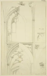 Szczegóły maswerku okna Clerestory i sklepienia nawy bocznej poniżej, w St Mary Redcliffe (ołówek i akwarela na papierze)