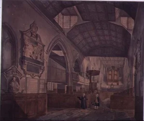 Widok wnętrza kościoła św Idziego, Cripplegate, patrząc na zachód, ukazujący pomnik Constance Whitney