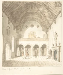 Zamek Lea, Worcestershire, Widok w Wielkiej Sali, patrząc na zachód, ca. 1816.