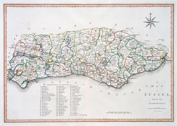 Mapa Sussex, 26 marca 1805 (ręcznie kolorowane grawerowanie)