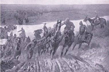 Artyleria fordująca kaledon w Kareepoort Drift, ilustracja z filmu After Pretoria: The Guerilla War, 1902