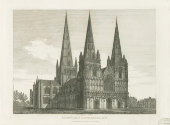 Katedra w Lichfield - Front Zachodni: grawerowanie, bd [c 1820] (druk)