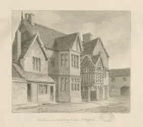 Stafford - Old Houses in Crabbery Lane: rysunek w sepii, 1841