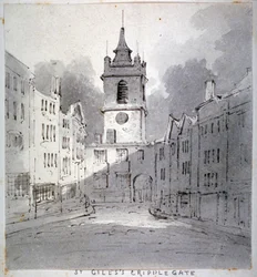 Kościół St Giles bez Cripplegate od Fore Street, City of London, 1790.