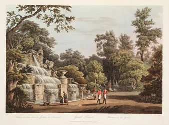 Grand Trianon, fontanna w ogrodzie, ilustracja z Wersalu, Paryża i Saint Denis, wyd. 1805 (akwatinta)