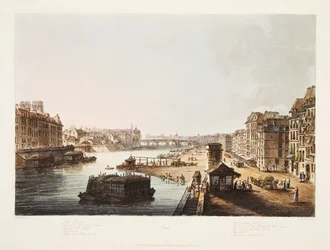 Wyspa St Louis, wieże kościoła Notre Dame, most Notre Dame, Luwr, The Corn Quay, ilustracja z Wersalu, Paryża i Saint Denis, pub. 1805 (akwatinta)